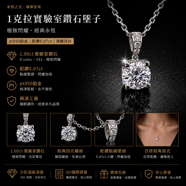 實驗室鑽石圓形墜子1克拉 