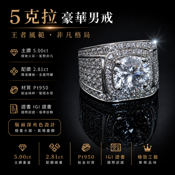 實驗室鑽石圓形男戒5克拉 