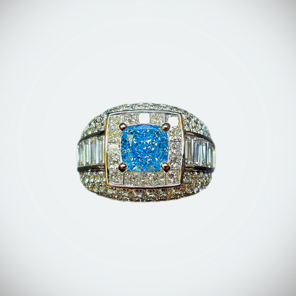 實驗室藍色彩鑽枕形男戒2克拉 