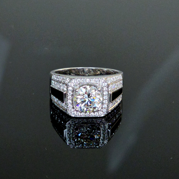 實驗室鑽石圓形(黑瑪瑙)男戒2克拉 